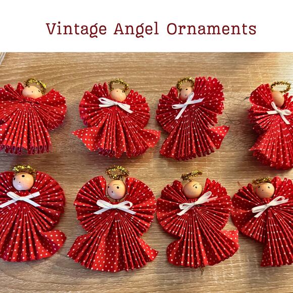 Vintage Red Polka Dot Angel Ornaments – Set of 8 Handmade Angels - Picture 9 of 9